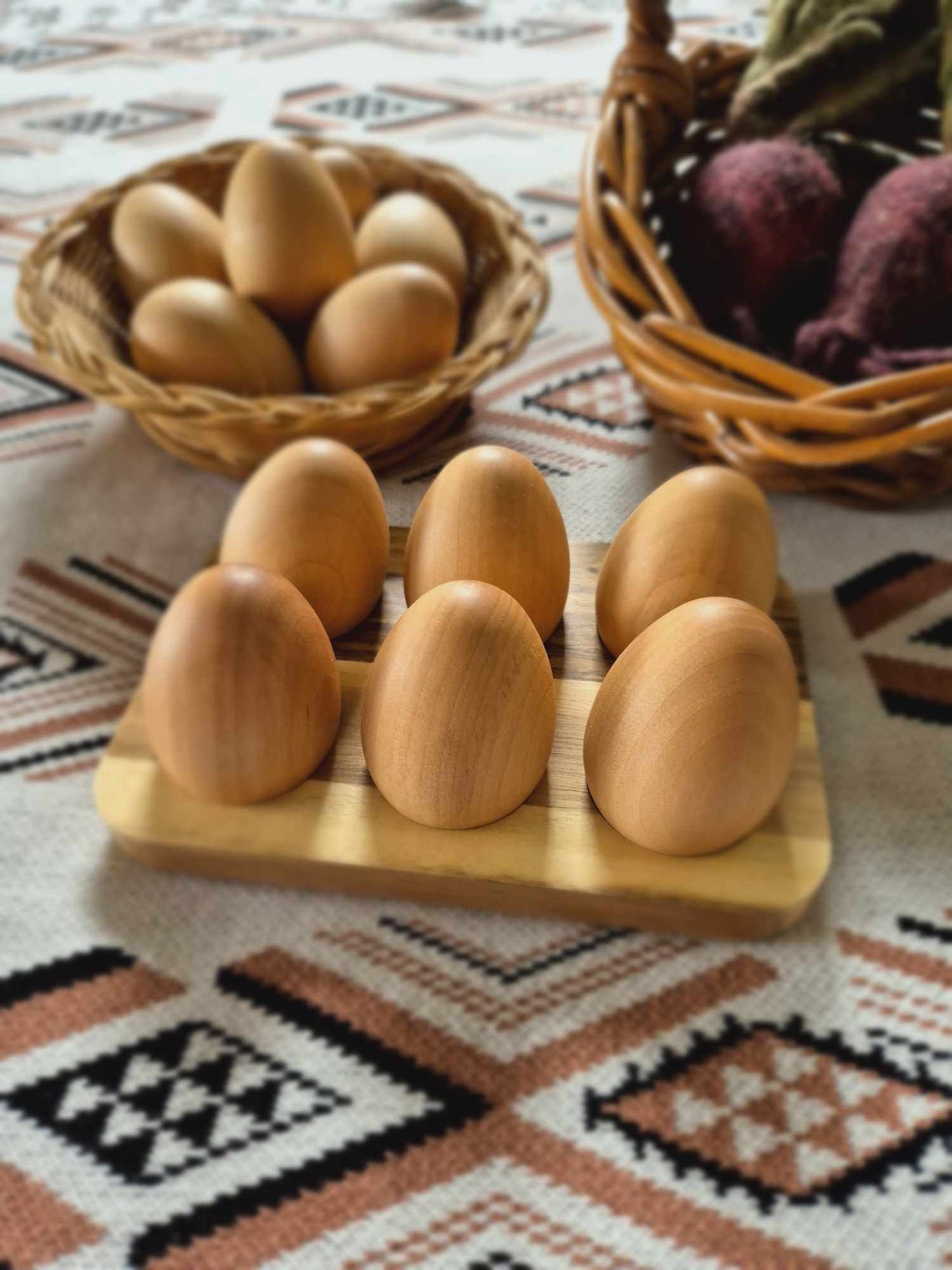 Wood Eggs + Egg Tray Set